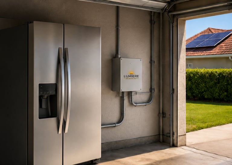 Modern garage with stainless steel refrigerator and wall-mounted electrical panel, featuring solar panels visible on house roof outside