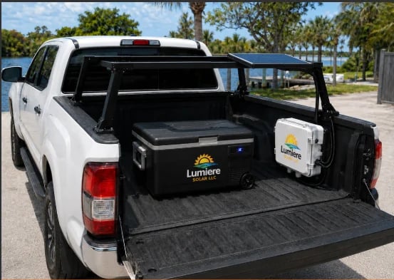 White pickup truck with open bed displaying a black Lumiere toolbox and storage system