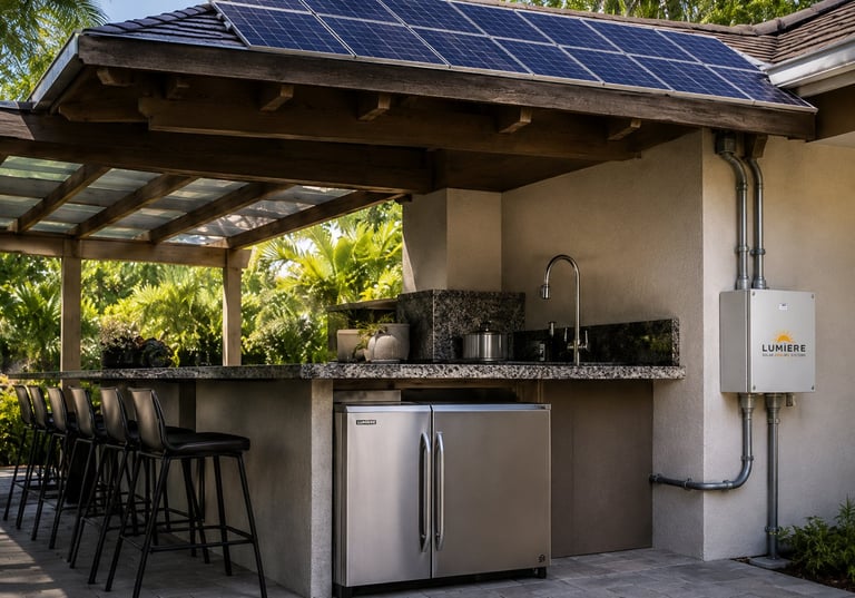 Outdoor kitchen with solar panels on pergola roof, stainless steel appliances, bar seating, and lush greenery surrounding the patio area